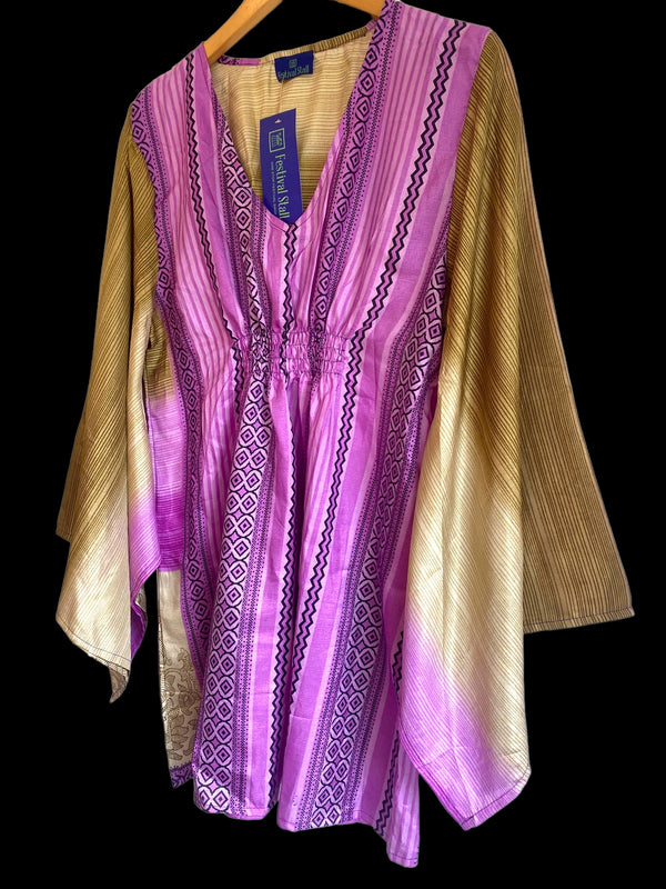 Kaftan Tunic Top, Purple & Beige Boho hippy festival style, ,sari silk, Blouse, Beach