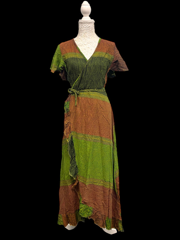 Dress Green Summer wrap over, Boho hippie, casual long length one size UK 8 - 14