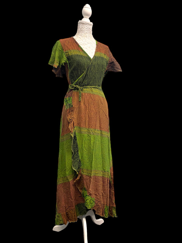 Dress Green Summer wrap over, Boho hippie, casual long length one size UK 8 - 14