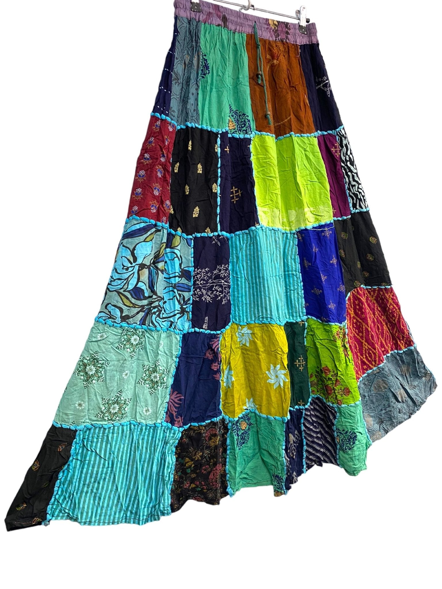 Blue Patchwork skirt, Boho hippie festival style, Vintage retro