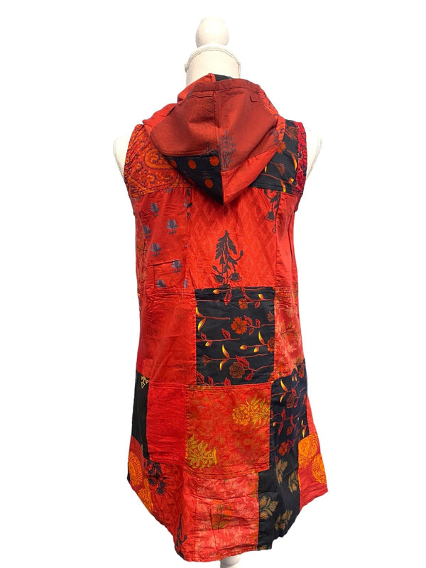Festival Stall LTD Boho festival Clothing Short RED pixie tunic dress, Festival Boho Hippie, Patchwork Cotton hooded hoodie mini UK 8 10 12 14