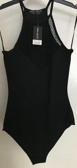 Black sexy goth stretch racer Bodysuit body top mesh insert UK 10 14 EU 38 42
