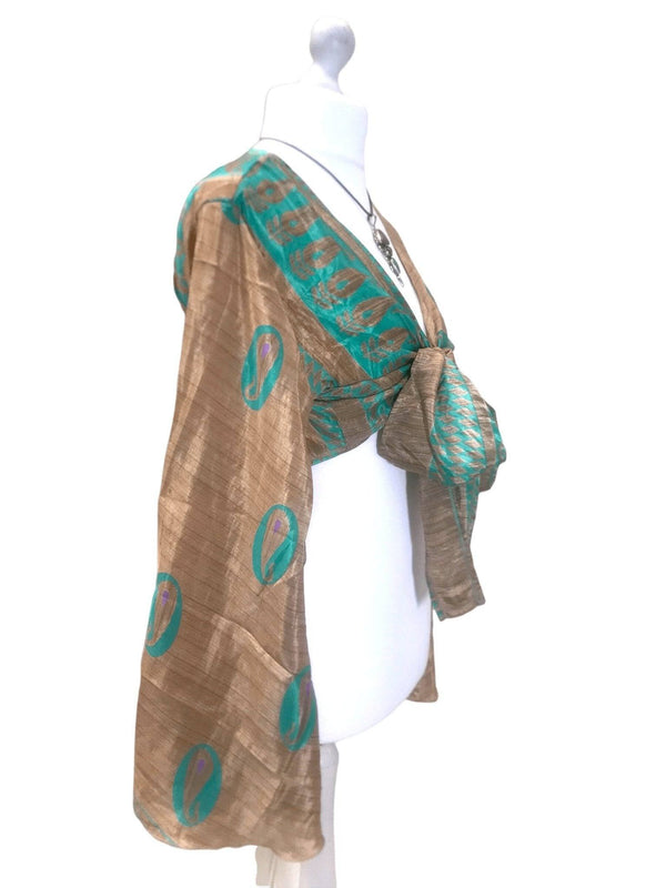 Boho hippy festival retro silk bell sleeve wrap kimono kaftan top uk 8 10 12 14