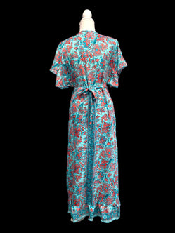 BLUE Pure Silk Wrap Dress long Boho Hippy Festival party wedding outfit UK 8-14