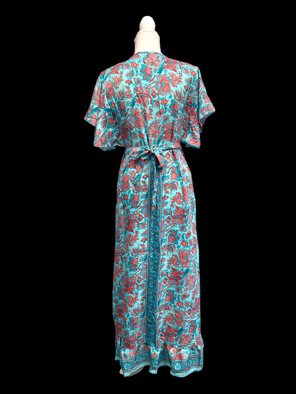 BLUE Pure Silk Wrap Dress long Boho Hippy Festival party wedding outfit UK 8-14