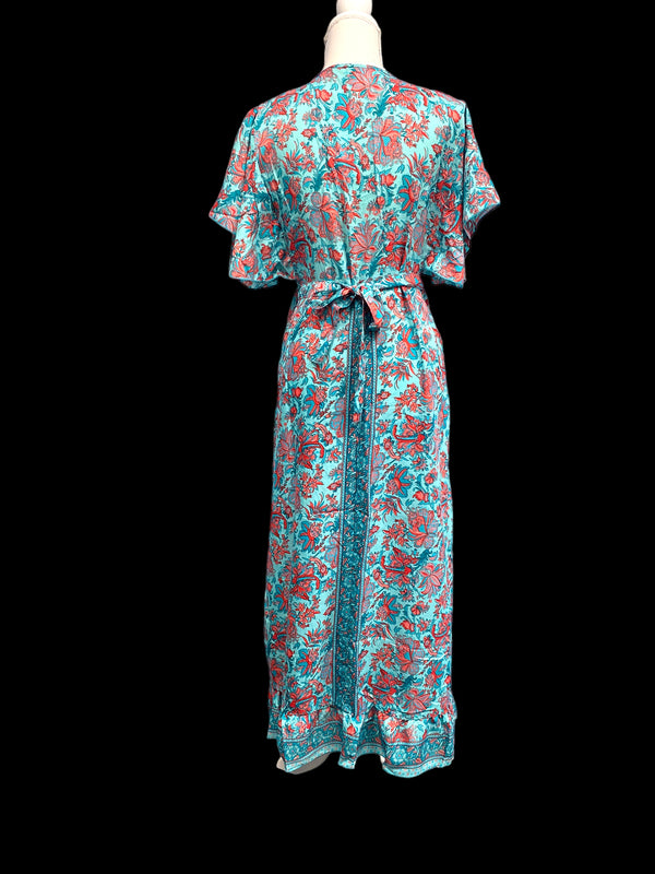 BLUE Pure Silk Wrap Dress long Boho Hippy Festival party wedding outfit UK 8-14