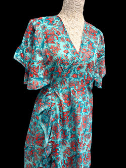 BLUE Pure Silk Wrap Dress long Boho Hippy Festival party wedding outfit UK 8-14