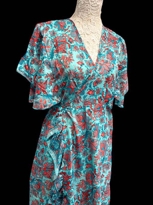 BLUE Pure Silk Wrap Dress long Boho Hippy Festival party wedding outfit UK 8-14