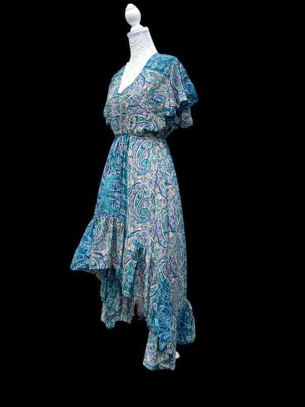 Festival Stall LTD Boho festival Clothing Blue Jade Boho SILK maxi dress | Asymmetric long length Summer| Royal Elegant godess hippie | Vacation | Festival Wedding Party outfit