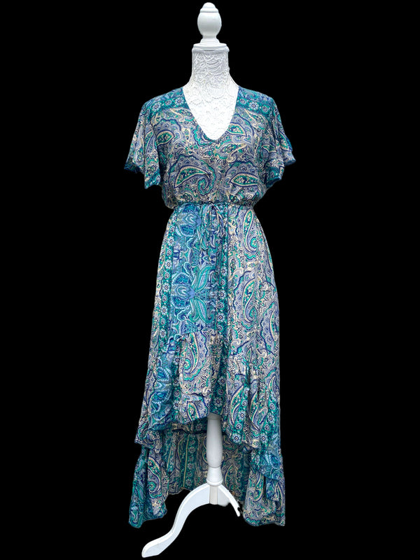 Festival Stall LTD Boho festival Clothing Blue Jade Boho SILK maxi dress | Asymmetric long length Summer| Royal Elegant godess hippie | Vacation | Festival Wedding Party outfit