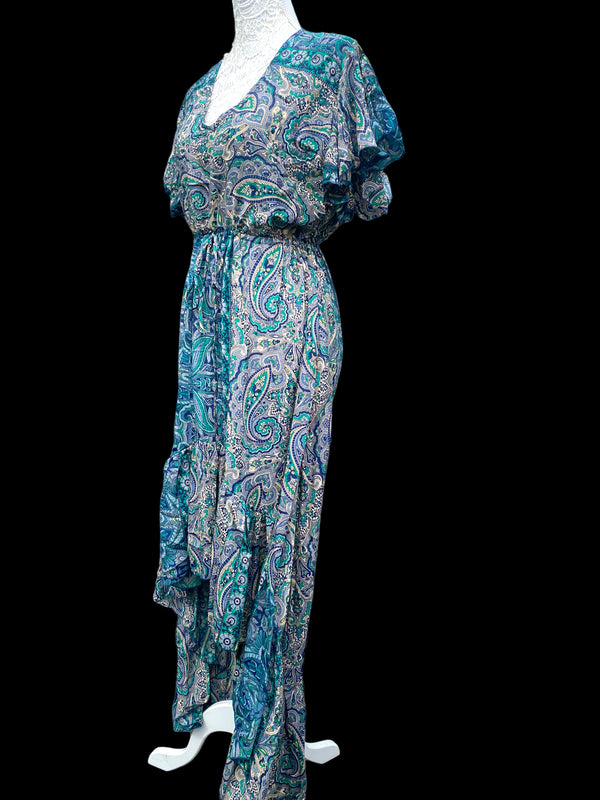 Festival Stall LTD Boho festival Clothing Blue Jade Boho SILK maxi dress | Asymmetric long length Summer| Royal Elegant godess hippie | Vacation | Festival Wedding Party outfit