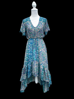 Festival Stall LTD Boho festival Clothing Blue Jade Boho SILK maxi dress | Asymmetric long length Summer| Royal Elegant godess hippie | Vacation | Festival Wedding Party outfit