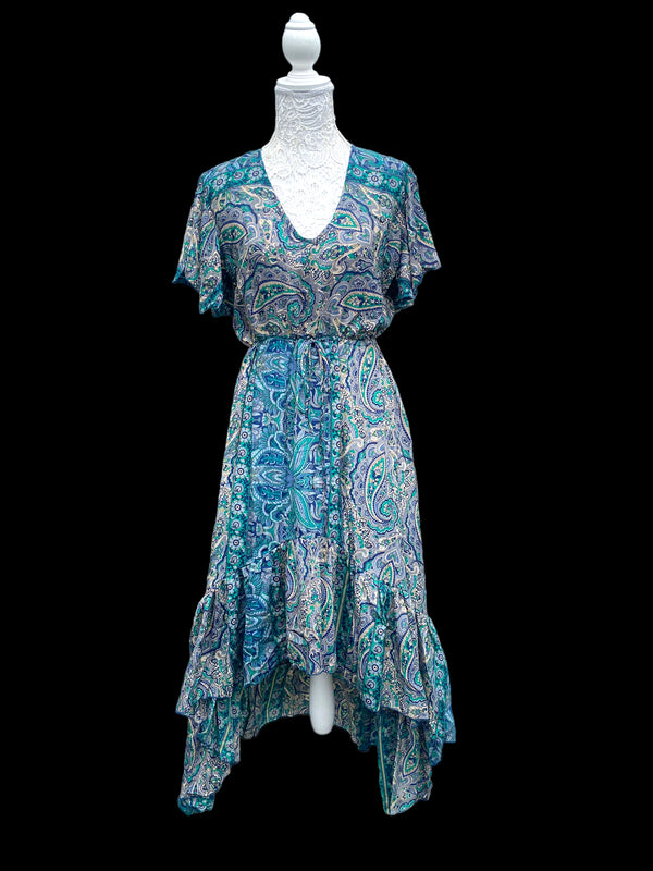 Festival Stall LTD Boho festival Clothing Blue Jade Boho SILK maxi dress | Asymmetric long length Summer| Royal Elegant godess hippie | Vacation | Festival Wedding Party outfit