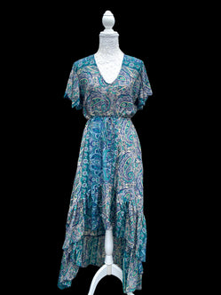 Festival Stall LTD Boho festival Clothing Blue Jade Boho SILK maxi dress | Asymmetric long length Summer| Royal Elegant godess hippie | Vacation | Festival Wedding Party outfit