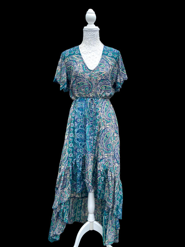 Festival Stall LTD Boho festival Clothing Blue Jade Boho SILK maxi dress | Asymmetric long length Summer| Royal Elegant godess hippie | Vacation | Festival Wedding Party outfit