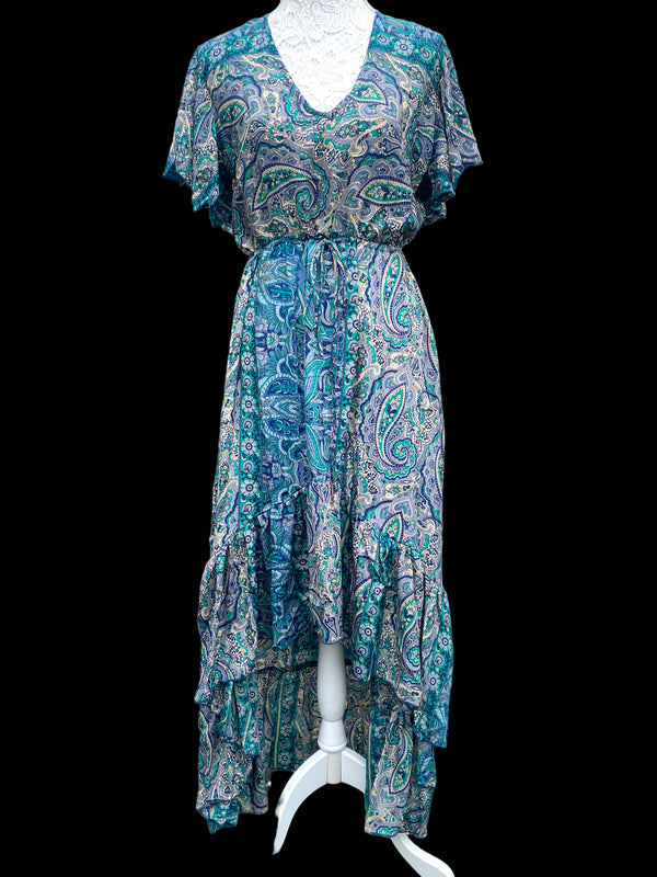 Festival Stall LTD Boho festival Clothing Blue Jade Boho SILK maxi dress | Asymmetric long length Summer| Royal Elegant godess hippie | Vacation | Festival Wedding Party outfit