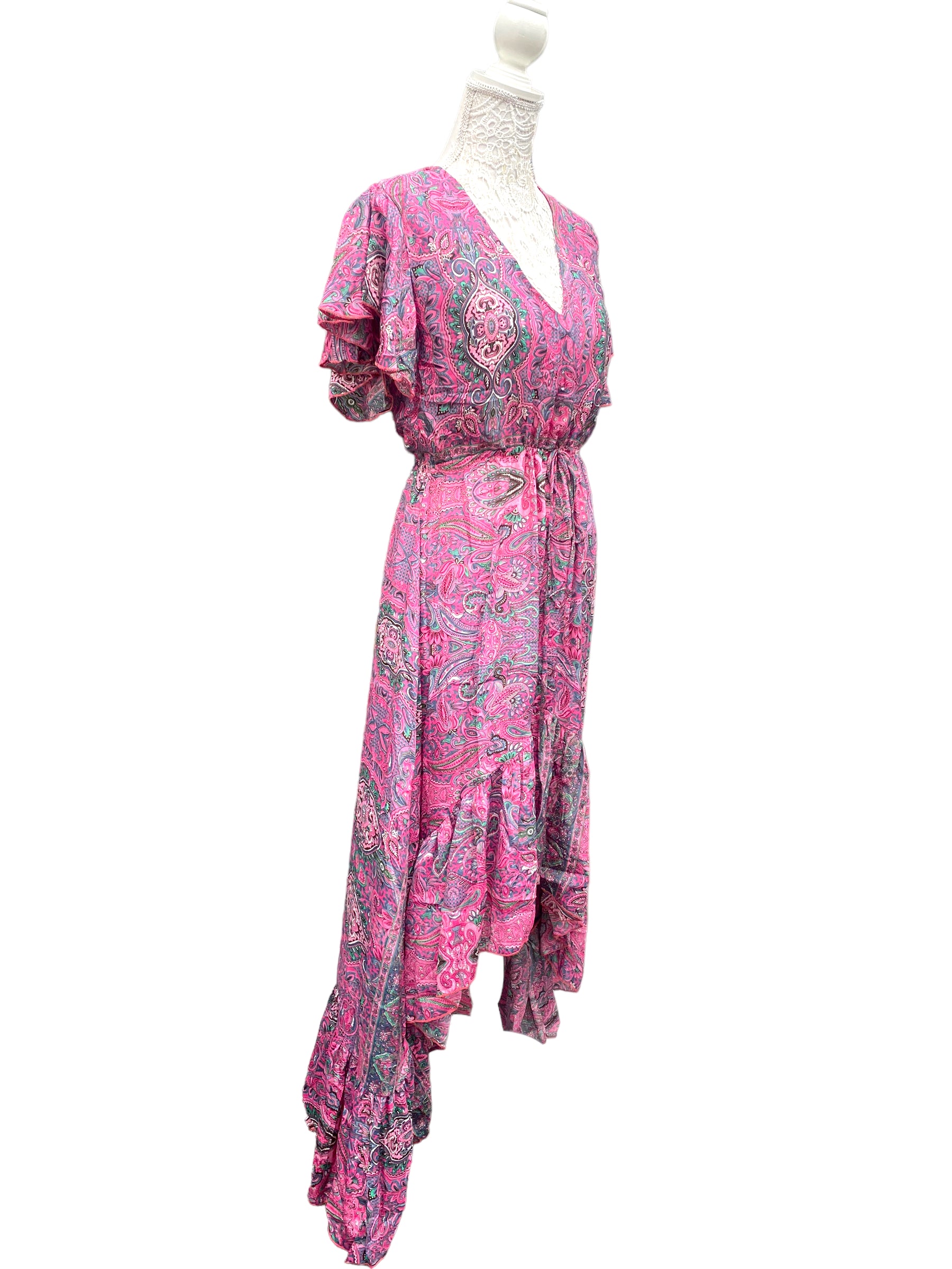 Festival Stall LTD Boho festival Clothing Pink Gold Boho SILK maxi dress | Asymmetric long length Summer| Royal Elegant godess hippie | Vacation | Festival Wedding Party outfit