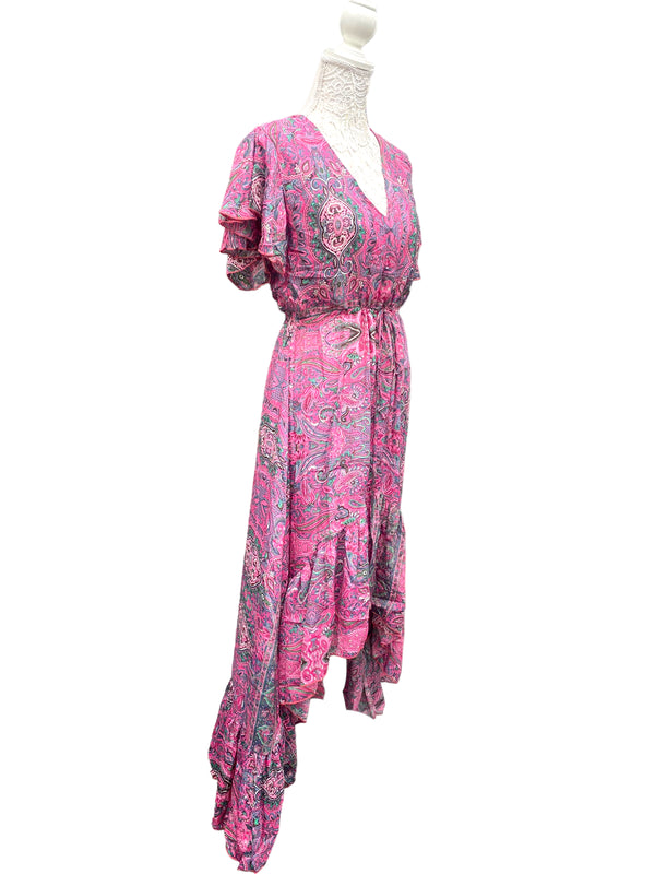 Festival Stall LTD Boho festival Clothing Pink Gold Boho SILK maxi dress | Asymmetric long length Summer| Royal Elegant godess hippie | Vacation | Festival Wedding Party outfit