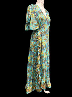 Wrap dress Boho hippy Festival SILK Turquoise Long party wedding outfit UK 8-14