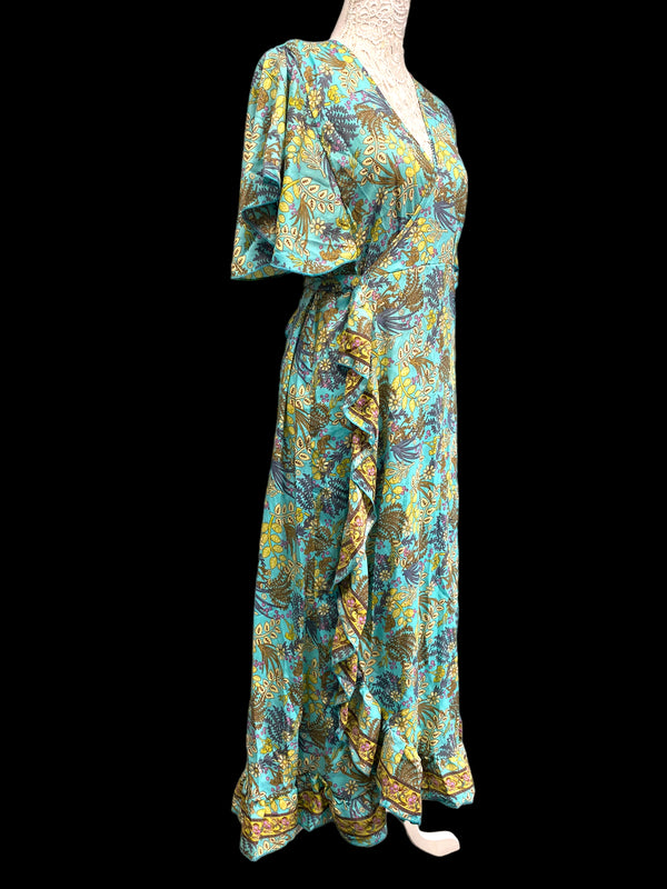 Wrap dress Boho hippy Festival SILK Turquoise Long party wedding outfit UK 8-14