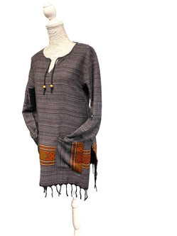 Festival Stall LTD Boho festival Clothing TUNIC Boho Hippie GREY JUMPER PULLOVER SWEATER winter warm tassel top 8 10 12 14