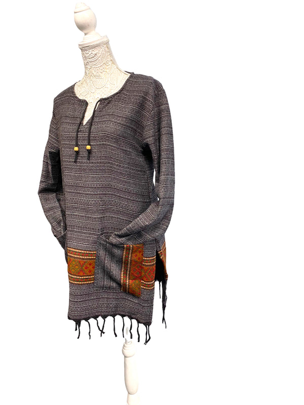 Festival Stall LTD Boho festival Clothing TUNIC Boho Hippie GREY JUMPER PULLOVER SWEATER winter warm tassel top 8 10 12 14