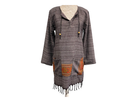 Festival Stall LTD Boho festival Clothing TUNIC Boho Hippie GREY JUMPER PULLOVER SWEATER winter warm tassel top 8 10 12 14