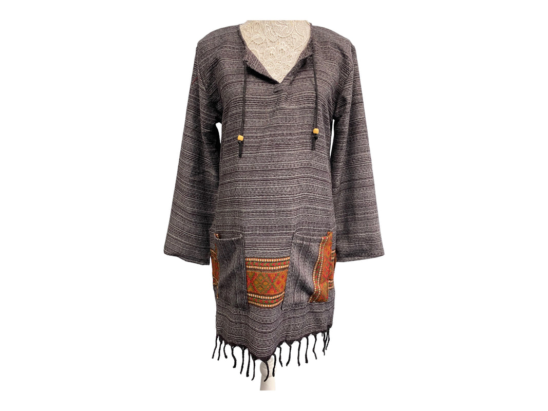 Festival Stall LTD Boho festival Clothing TUNIC Boho Hippie GREY JUMPER PULLOVER SWEATER winter warm tassel top 8 10 12 14