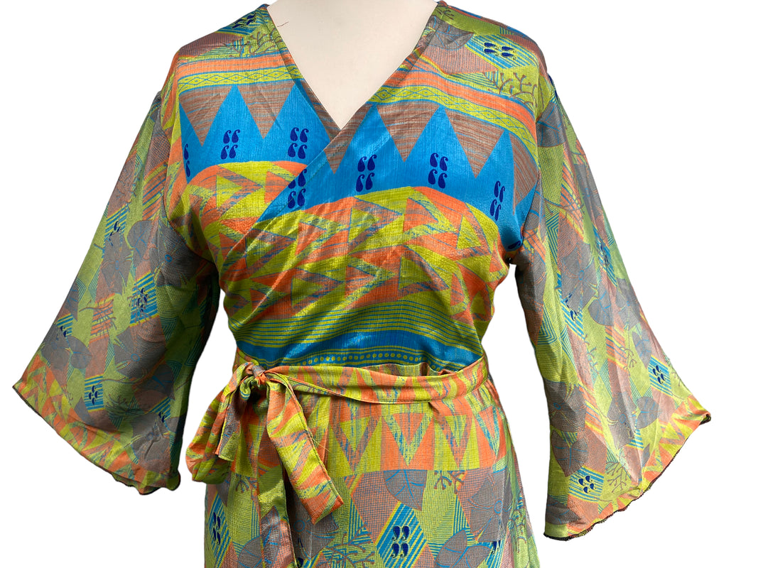 WRAP DRESS summer pretty Vintage Bell Sleeve SILK Boho Hippy Festival UK 14-20