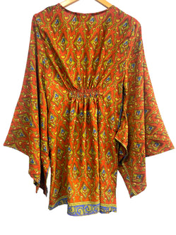 Kaftan tunic top blouse beach cover up short dress UK 12-18 recycled Sari Silk