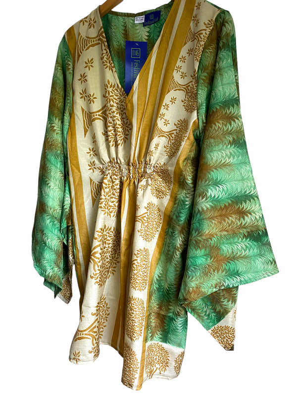Festival Stall LTD Boho festival Clothing Kaftan tunic top blouse beach cover up short dress UK 12 - 18 recycled Sari Silk