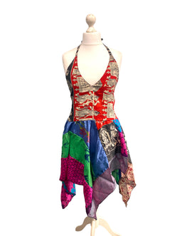 Summer Festival Dress patchwork hanky hem recycled Sari silk hippy pixie UK 8-12