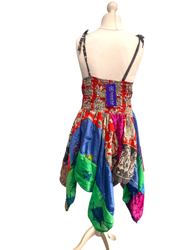Summer Festival Dress patchwork hanky hem recycled Sari silk hippy pixie UK 8-12