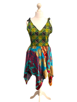 Festival Stall LTD Boho festival Clothing Summer Festival Dress patchwork hanky hem recycled Sari silk hippy pixie UK 8 - 12