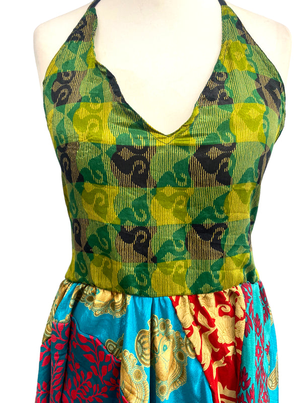 Festival Stall LTD Boho festival Clothing Summer Festival Dress patchwork hanky hem recycled Sari silk hippy pixie UK 8 - 12