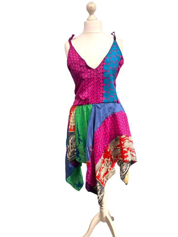 Festival Stall LTD Boho festival Clothing Summer Festival Dress patchwork hanky hem recycled Sari silk hippy pixie UK 8 - 12