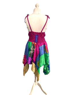 Festival Stall LTD Boho festival Clothing Summer Festival Dress patchwork hanky hem recycled Sari silk hippy pixie UK 8 - 12