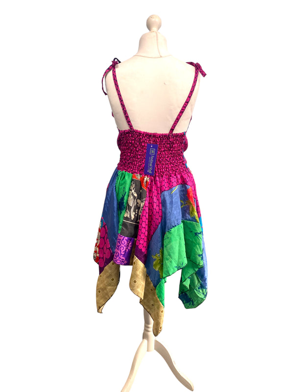Festival Stall LTD Boho festival Clothing Summer Festival Dress patchwork hanky hem recycled Sari silk hippy pixie UK 8 - 12
