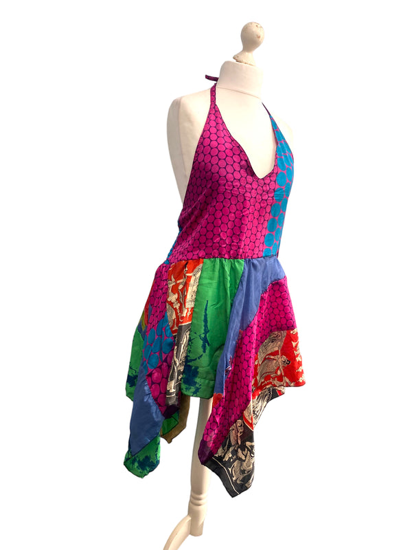 Festival Stall LTD Boho festival Clothing Summer Festival Dress patchwork hanky hem recycled Sari silk hippy pixie UK 8 - 12