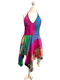 Festival Stall LTD Boho festival Clothing Summer Festival Dress patchwork hanky hem recycled Sari silk hippy pixie UK 8 - 12