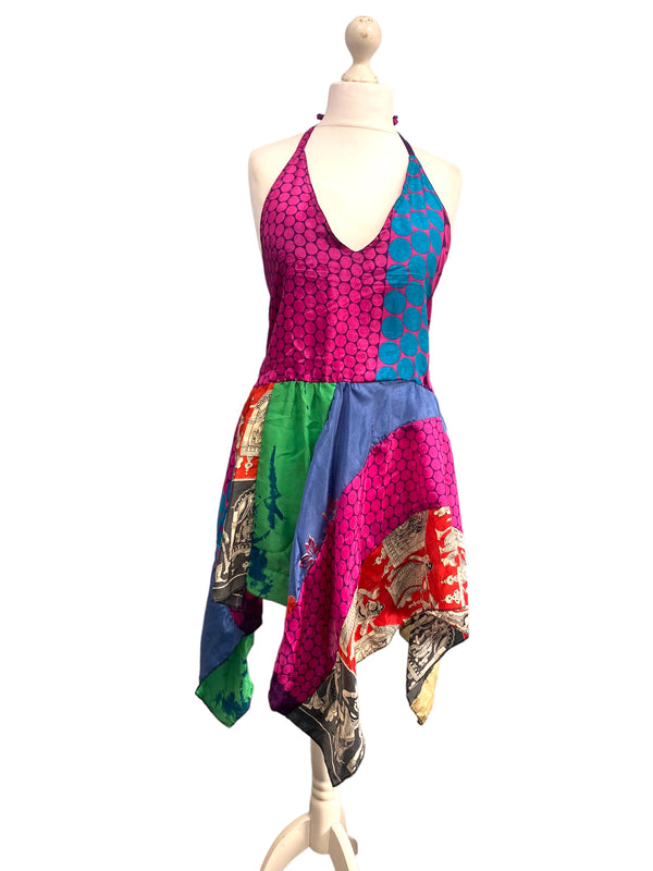 Festival Stall LTD Boho festival Clothing Summer Festival Dress patchwork hanky hem recycled Sari silk hippy pixie UK 8 - 12