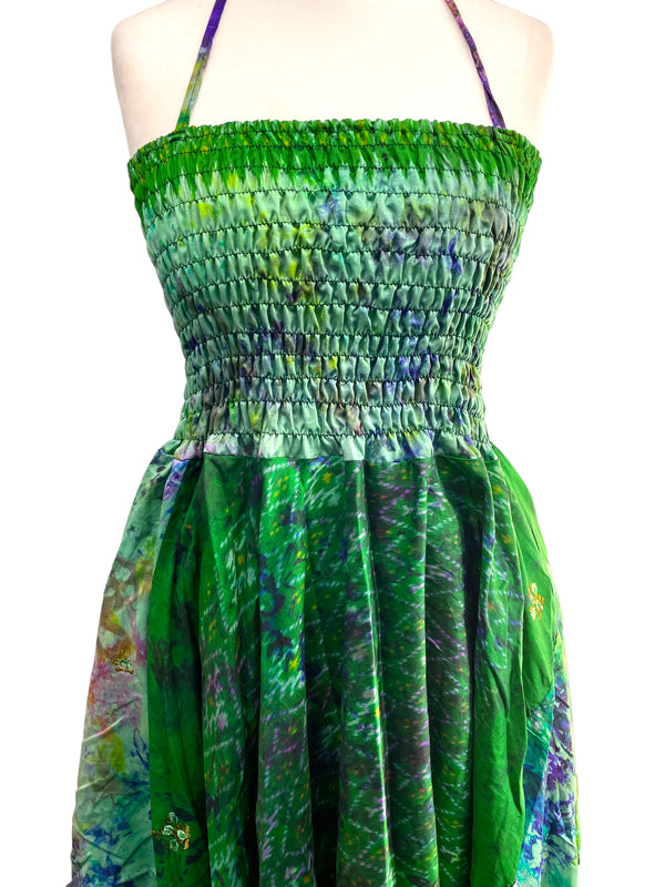Festival summer Dress Sexy Boho Pixie SILK hanky hem GREEN Hippy gypsy sun 8-14