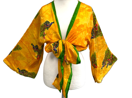 YELLOW blouse Shrug crop top cover up Sari Silk Boho Hippy Bell sleeve UK 16-20