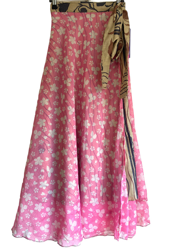 Festival Stall LTD Boho festival Clothing PINK Wrap Skirt Vintage long Maxi Boho Hippy Sari Silk Festival summer UK 8 - 18