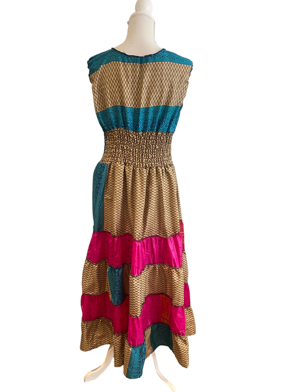 Long Summer Dress recycled Sari-Silk Boho Hippy Festival party outfit UK 8-12