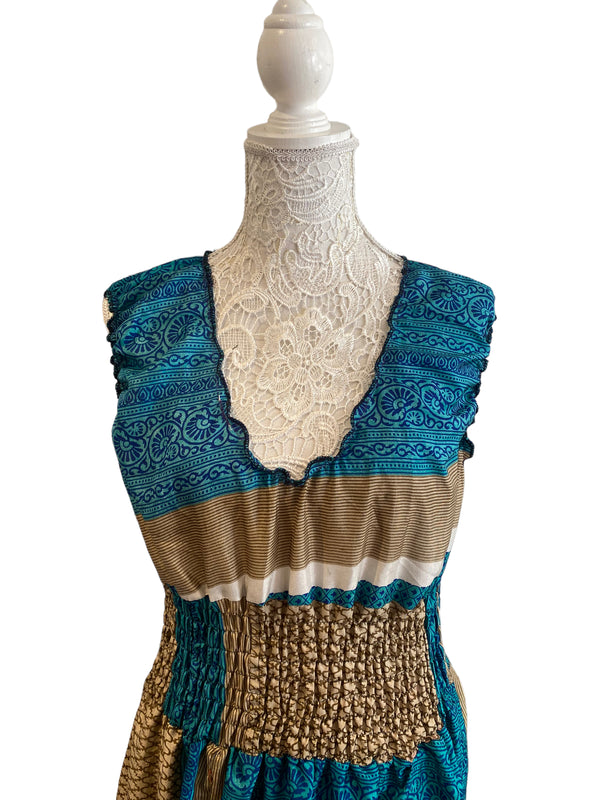 Long Summer Dress recycled Sari-Silk Boho Hippy Festival party outfit UK 8-12