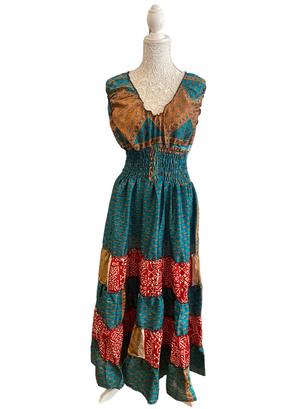 Long Summer Dress recycled Sari-Silk Boho Hippy Festival party outfit UK 8-12