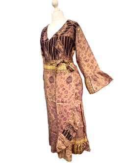 WRAP DRESS summer Vintage Flounced Sleeve Sari SILK Boho Hippy Festival UK 14-20