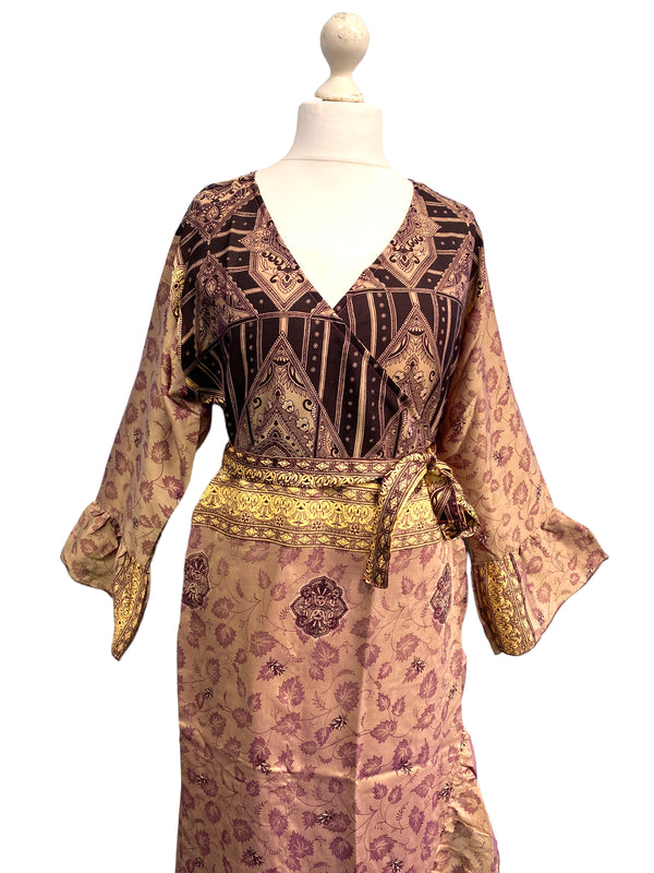 WRAP DRESS summer Vintage Flounced Sleeve Sari SILK Boho Hippy Festival UK 14-20