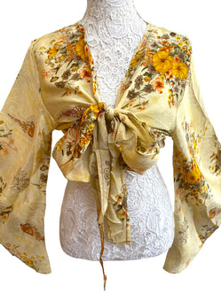 Bell Sleeve Crop Top blouse Boho Hippy Festival retro Sari Silk summer UK 8-16